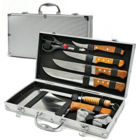 حقيبة سكاكين احترافية – بمقبض خشبي ومجموعة ملحقات متكاملة