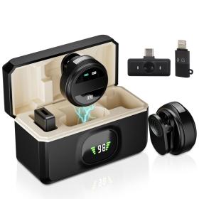 ميكروفون ثنائي لاسلكي قابل للتثبيت مع علبة شحن لهواتف iPhone و TYPE C