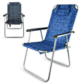كرسي شاطئ قابل للطي مع مسند ظهر عالي ووسادة مريحة.