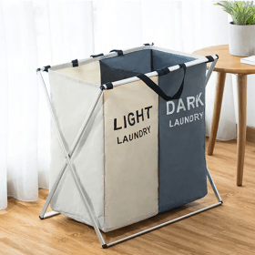 سلة غسيل متسخة قابلة للطي مع شبكتين لفصل الملابس