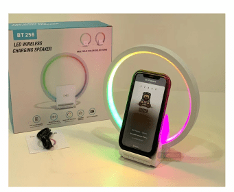 مصباح بجانب السرير مع شاحن لاسلكي، مكبرات صوت بلوتوث قابلة لإعادة الشحن، تدعم الشحن السريع، 15 وات BT-256